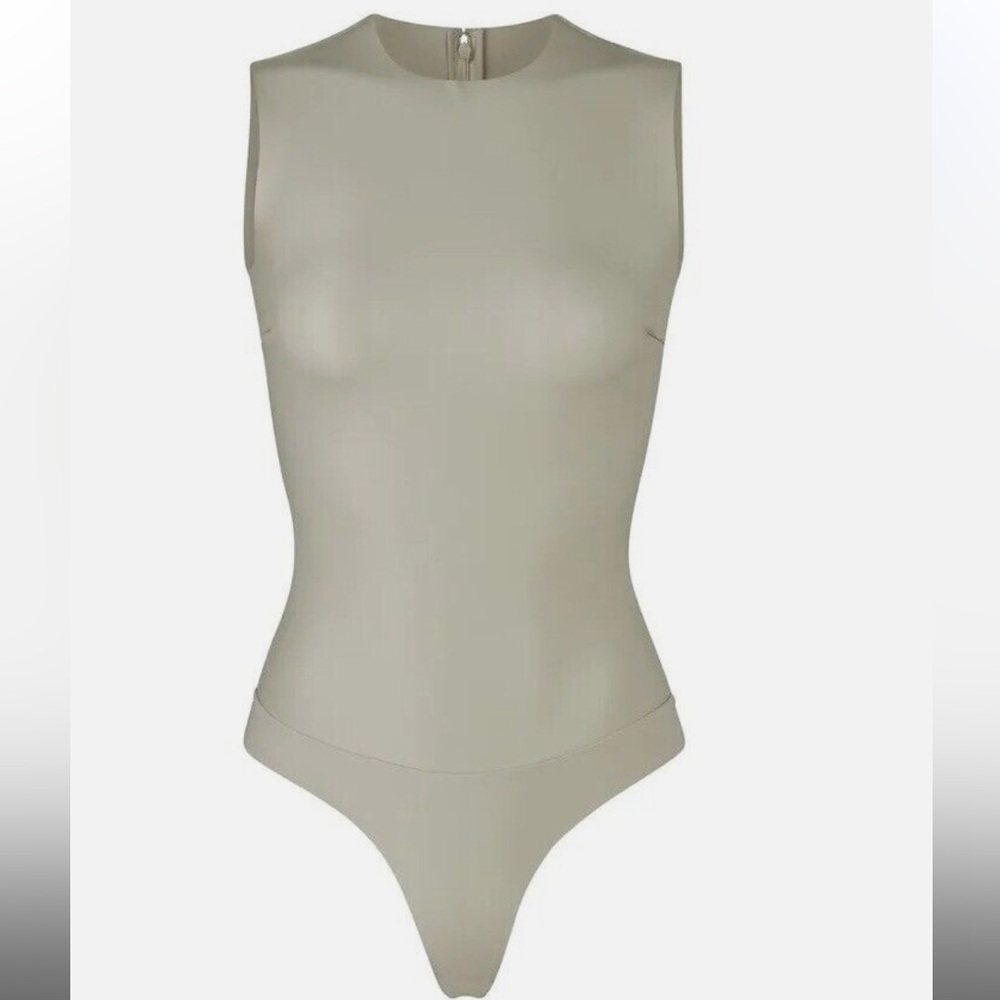 NWT SKIMS Faux Leather Crew Neck Bodysuit in Shell size S